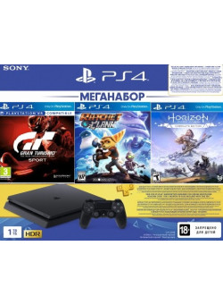  Игровая приставка Sony PlayStation 4 Slim 1TB Black (CUH-2208B) + Gran Turismo: Sport (с поддержкой VR) (PS4) + Ratchet & Clank (PS4) + Horizon Zero Dawn. Complete Edition (PS4) + PS Plus 90 дней
